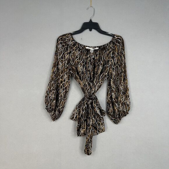 Diane von Furstenberg Blouse Womens 8 Black Gold White Silk Tie Waist Peasant - Picture 2 of 16